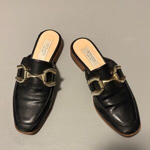Steven New York Black Leather Mules with Gold Detailing